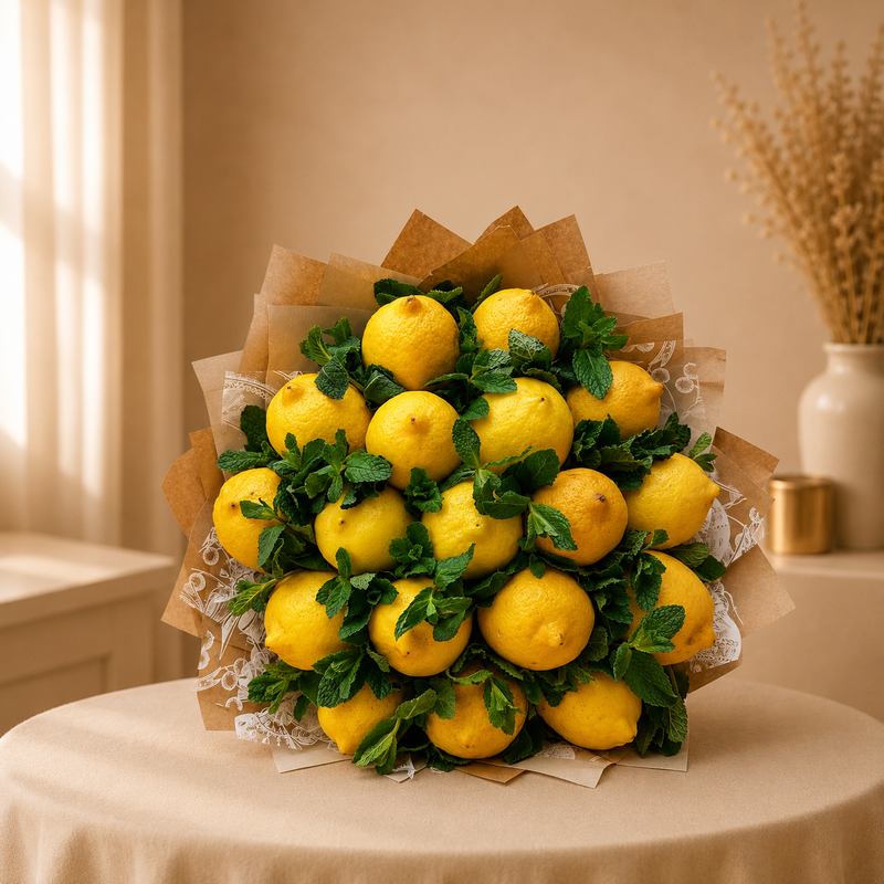 Citrus Grove - fruit bouquet of bright yellow lemons with fresh green mint in brown kraft and white lace paper