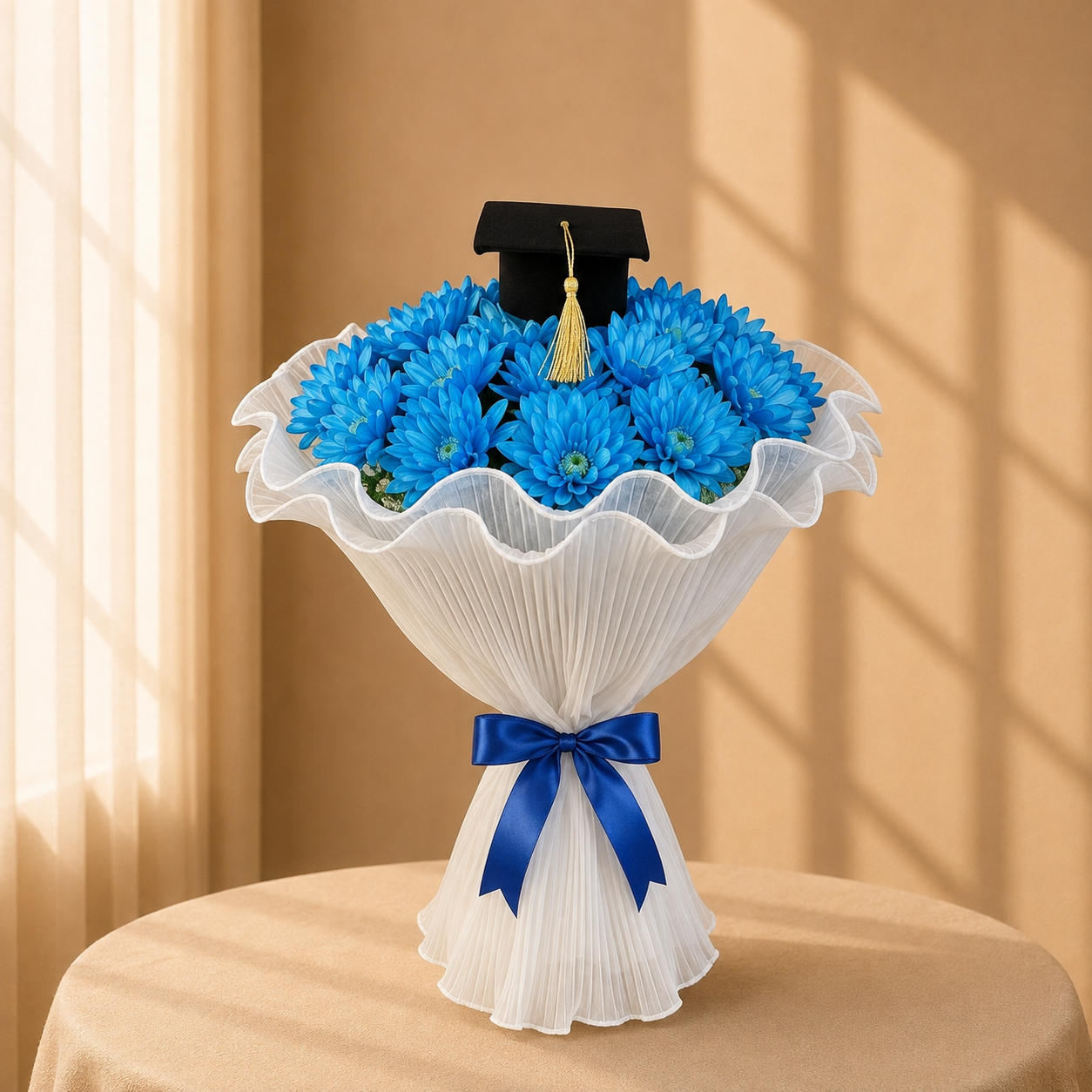 Azure Triumph blue chrysanthemum graduation bouquet in white tulle