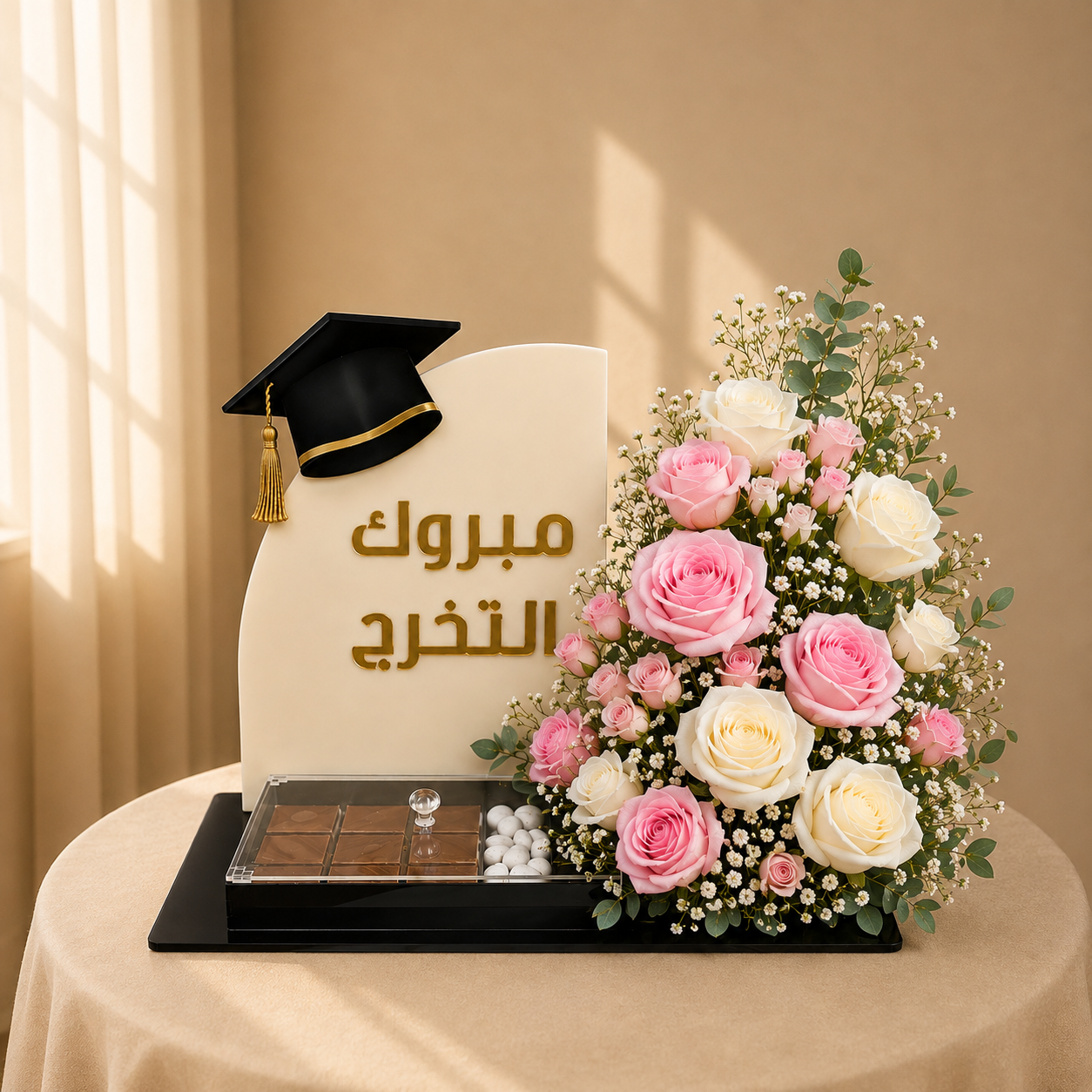 Blush Scholar graduation arrangement with pink roses and chocolates