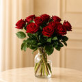 Crimson Devotion – red roses in a glass vase