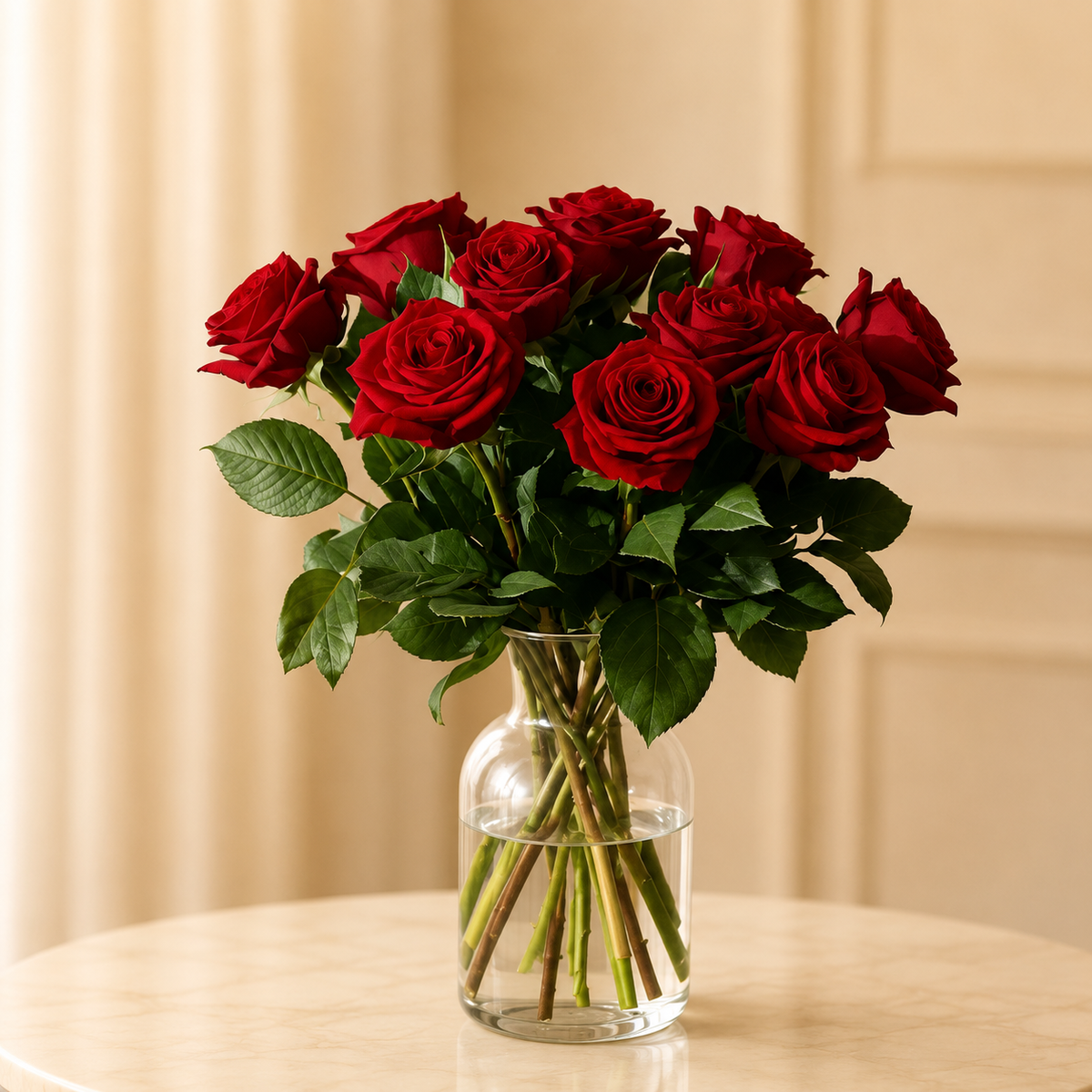 Crimson Devotion – red roses in a glass vase