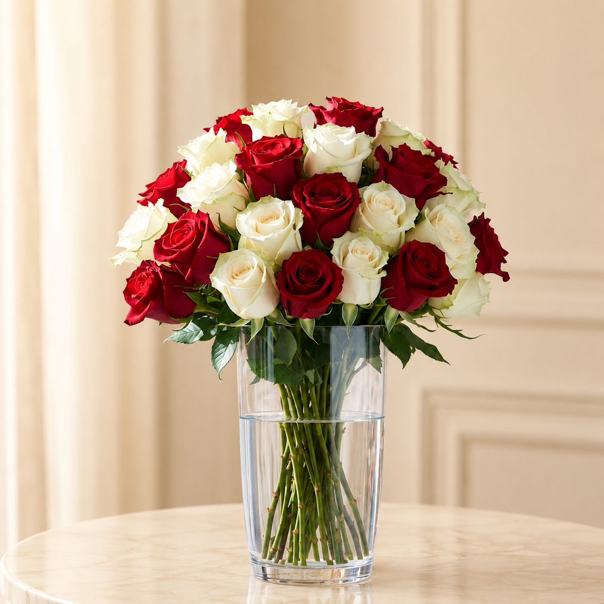 Crimson & Ivory Grace – red and white mixed roses in a glass vase