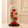 Eternal Crimson Garden – five preserved red roses under a glass dome on a wooden base