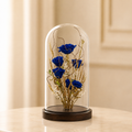 Eternal Sapphire Garden – five preserved blue roses under a glass dome on a wooden base
