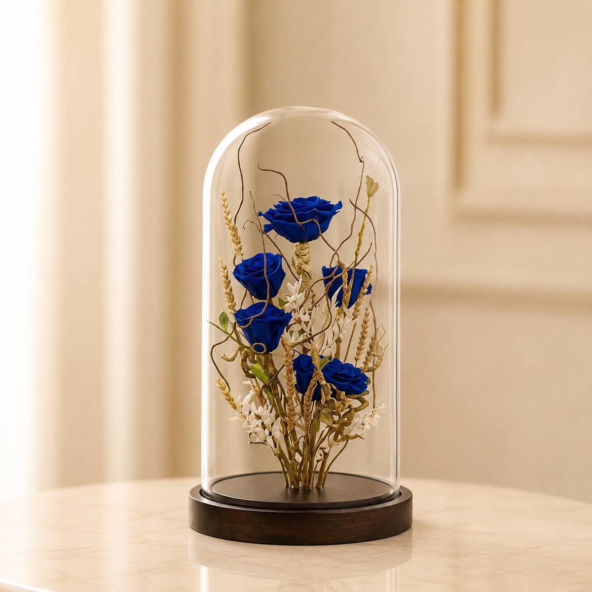 Eternal Sapphire Garden – five preserved blue roses under a glass dome on a wooden base