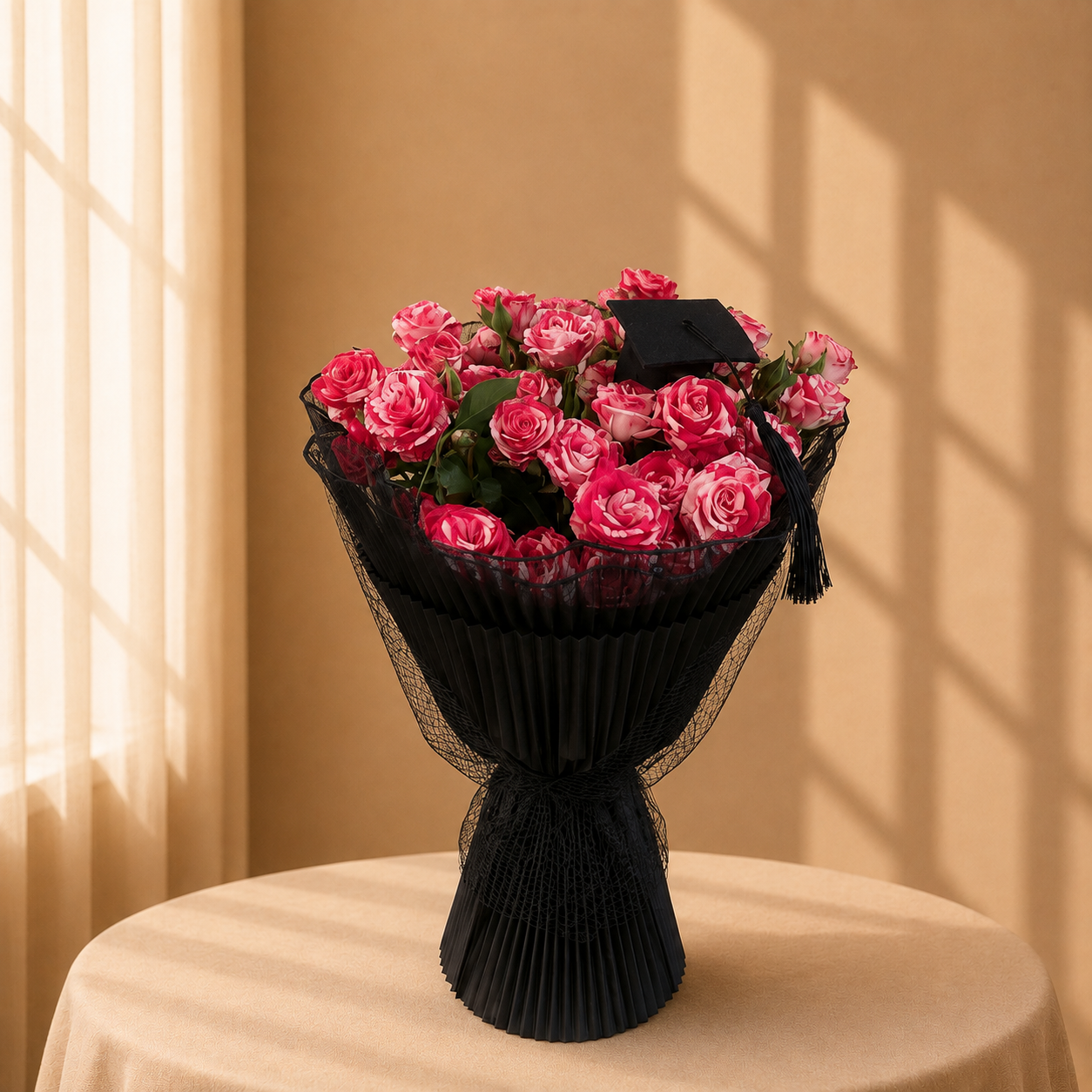 Fuchsia Triumph hot pink spray rose graduation bouquet in black tulle