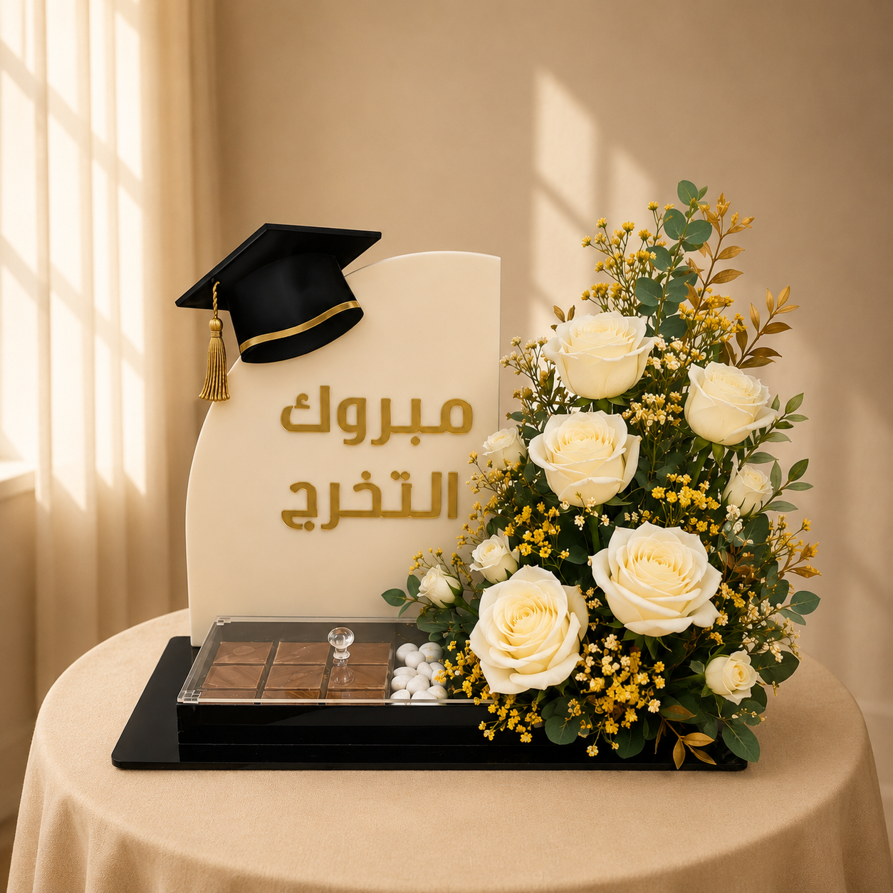 Golden Scholar graduation arrangement with cream roses, golden solidago and chocolates