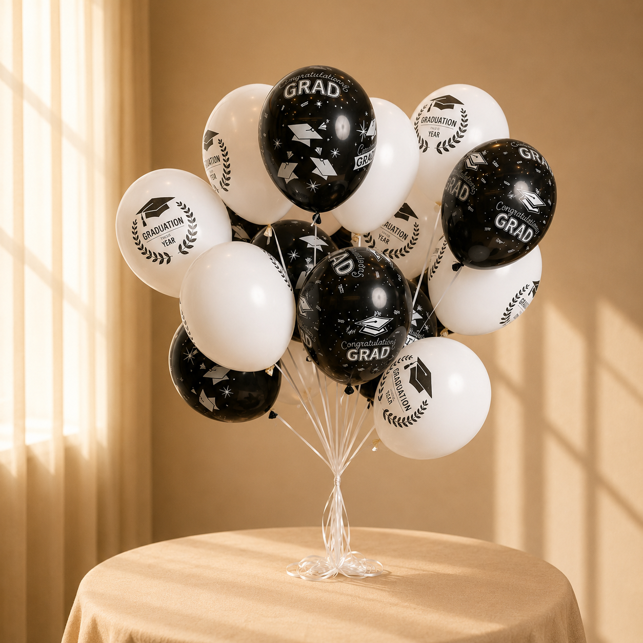 Grad Balloon Cluster black and white graduation balloon bunch