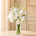Ivory Casablanca Bloom – white Casablanca lilies in a glass vase