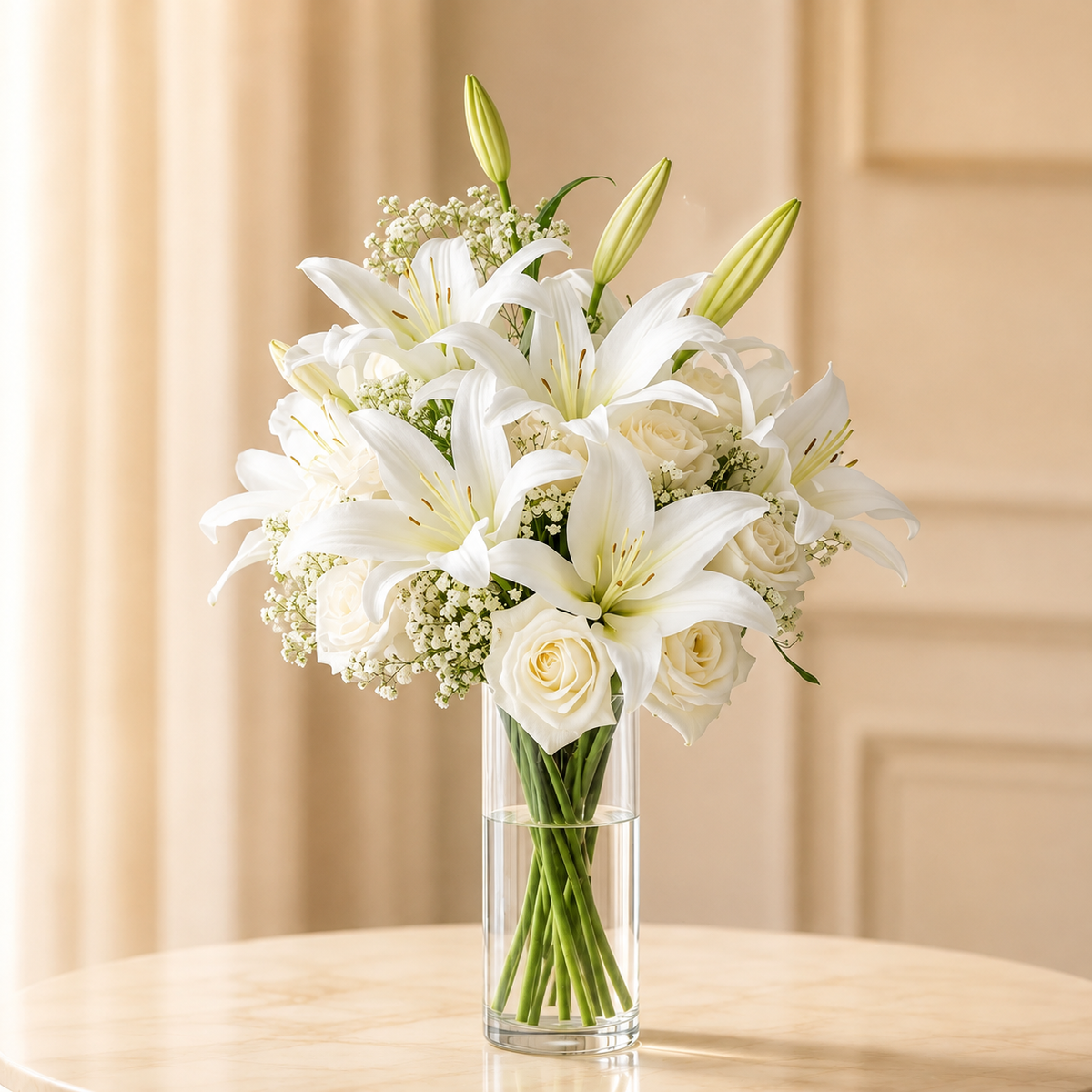 Ivory Casablanca Bloom – white Casablanca lilies in a glass vase