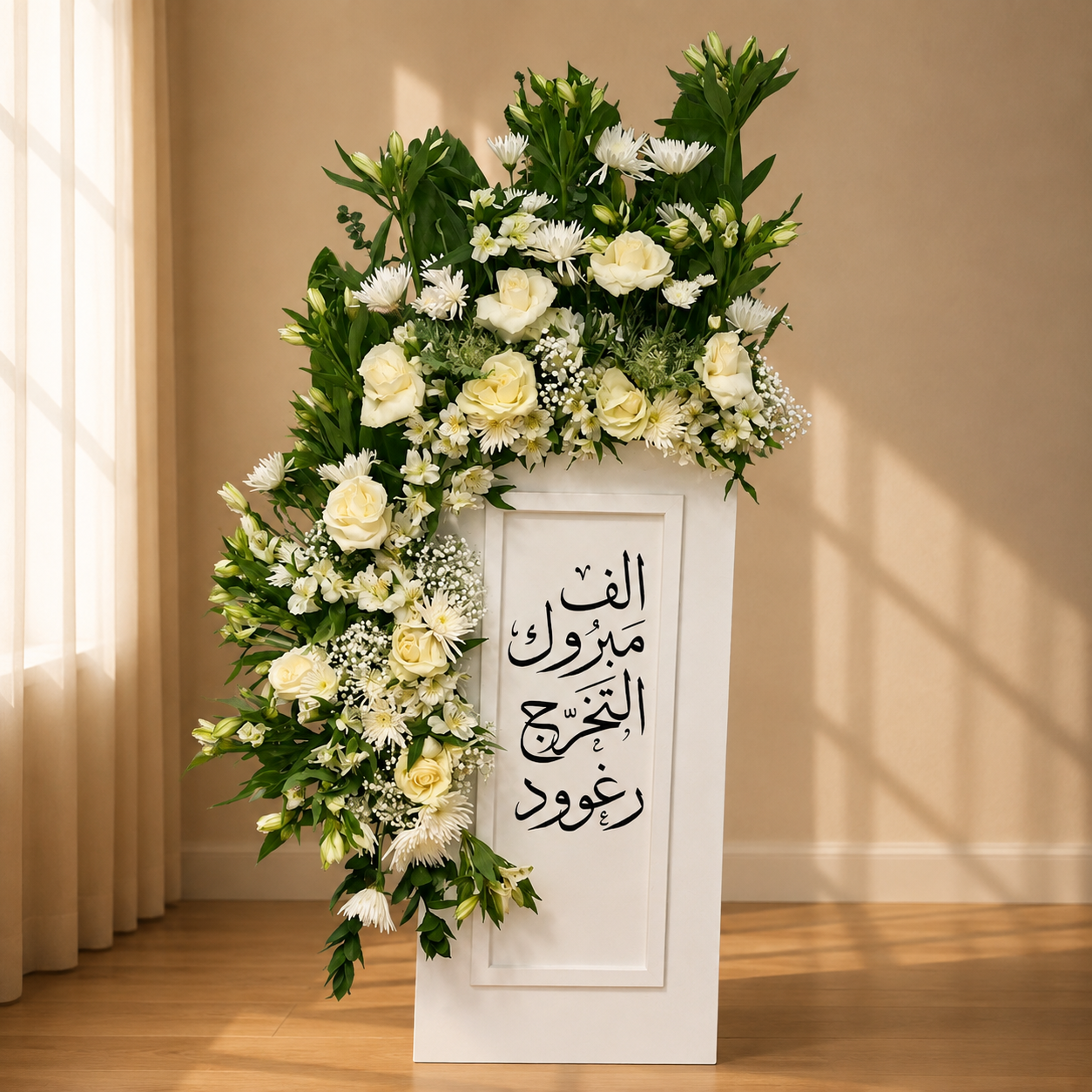 Ivory Honors Stand white pedestal graduation flower stand with Arabic calligraphy