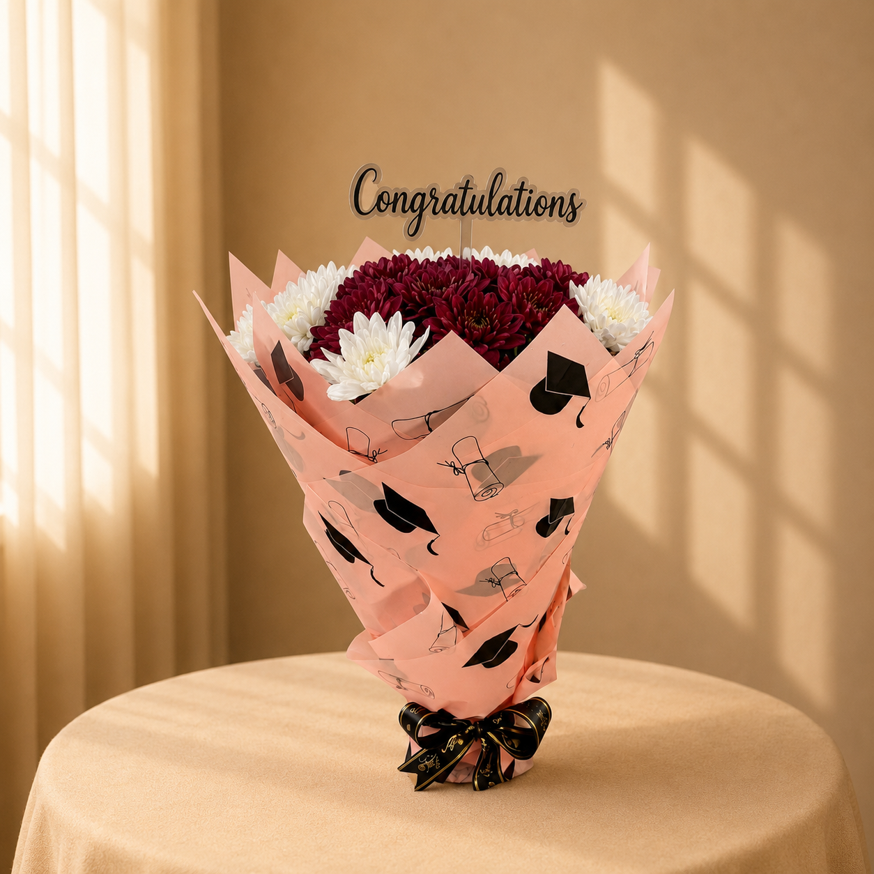 Ivory Ovation white chrysanthemum graduation bouquet with burgundy centre