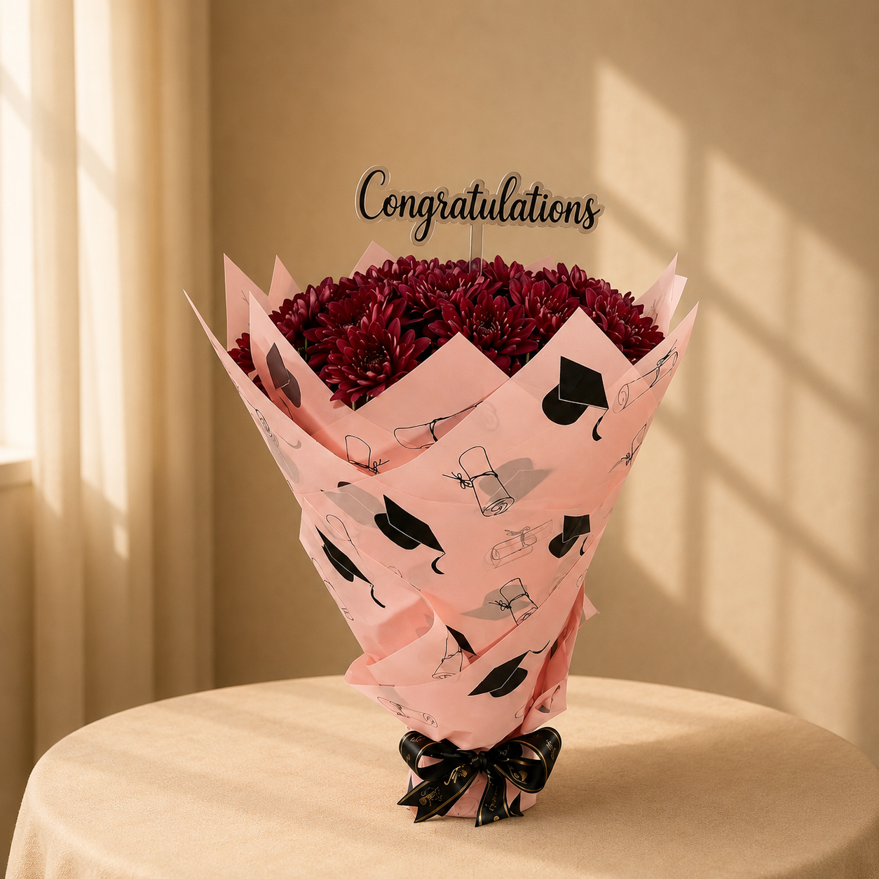 Plum Applause burgundy chrysanthemum graduation bouquet with Congratulations topper