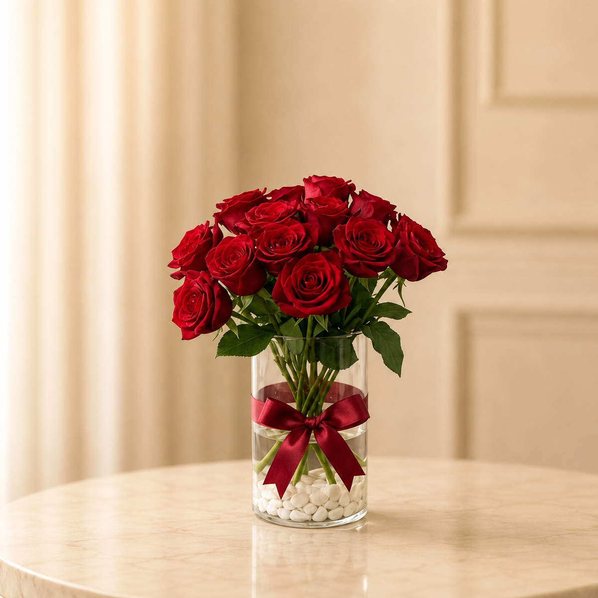Scarlet Joury Vase – red joury roses in a glass vase