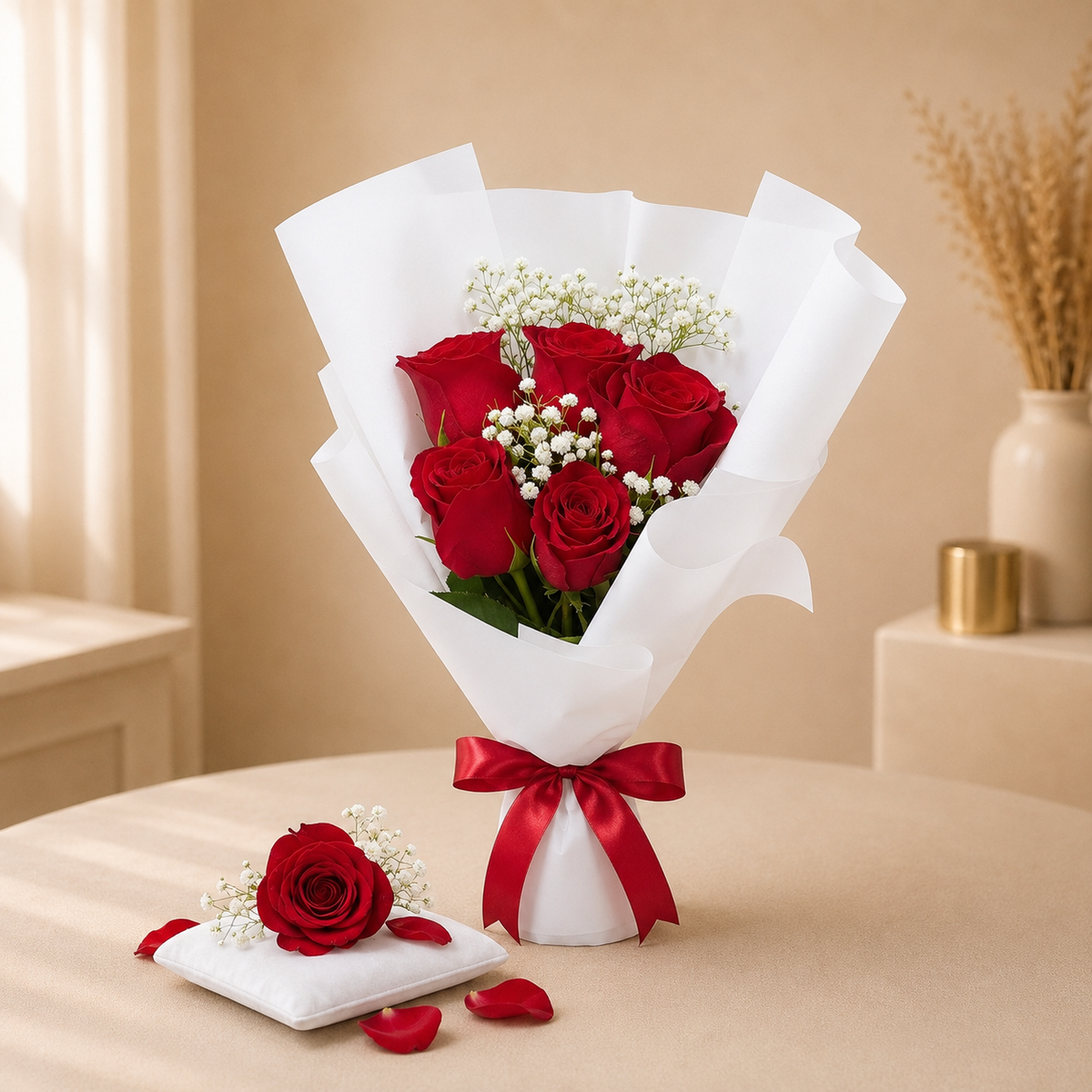 Scarlet Vow - six deep red roses with baby's breath in crisp white wrap with a red satin bow, beside a single red rose on a white velvet cushion