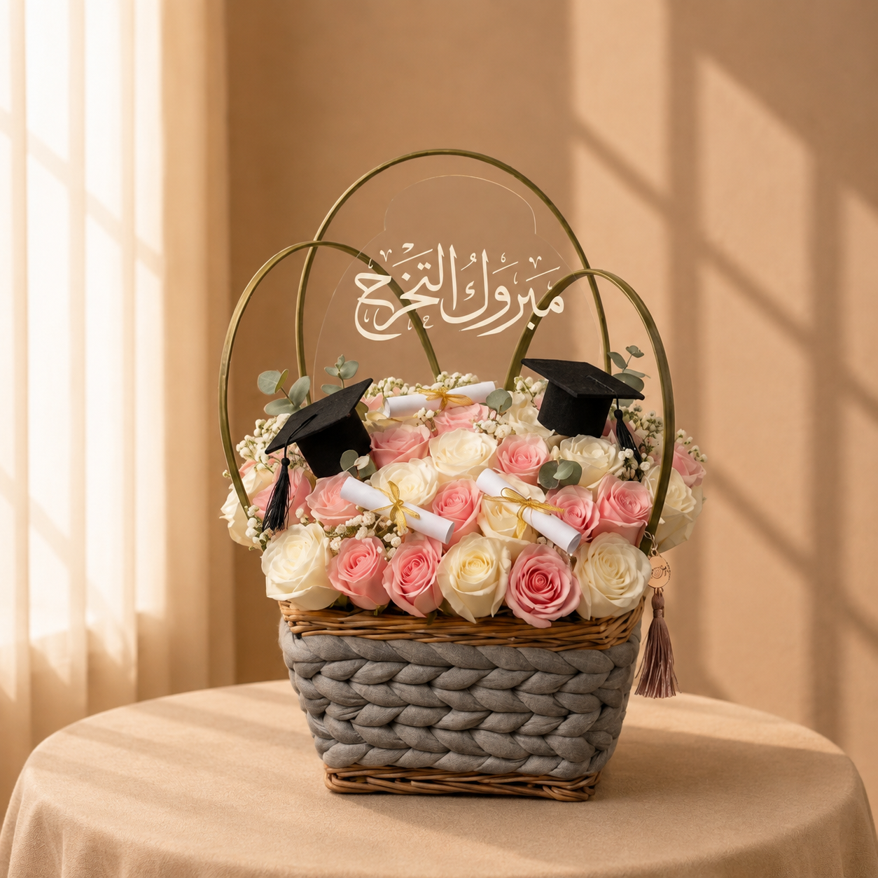 Scholar's Basket graduation rose basket with diplomas and graduation caps