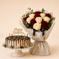 Birthday Delight Set - red and ivory rose bouquet with a chocolate drip birthday cake, clean beige background