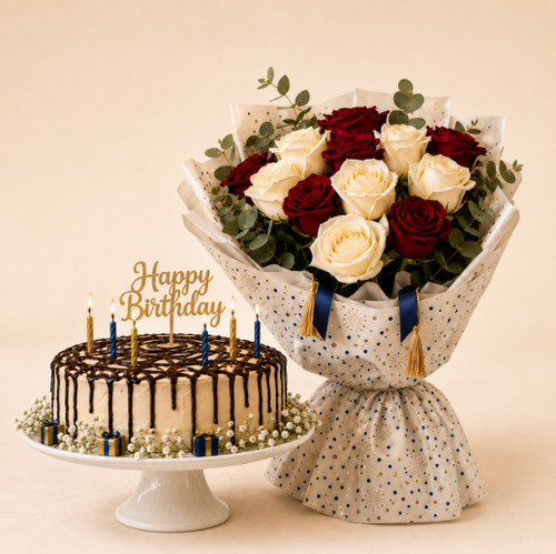 Birthday Delight Set - red and ivory rose bouquet with a chocolate drip birthday cake, clean beige background
