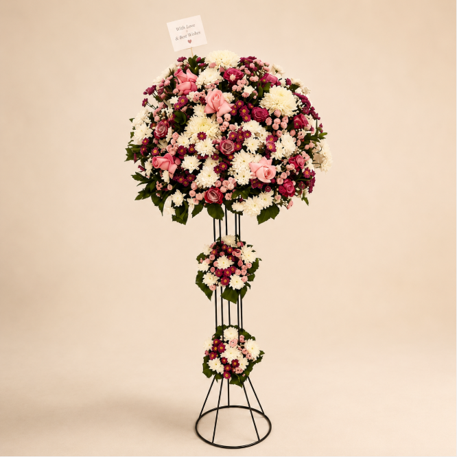 Blushing Delight Stand - three-tier pink rose, burgundy bloom, and white chrysanthemum standing arrangement with love card on clean beige background