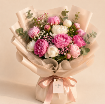 Blushing Peony Dream - pink and ivory peony bouquet on clean beige background