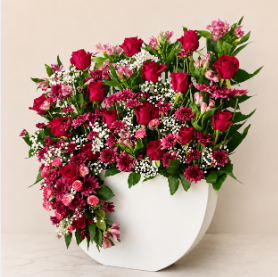 Elegant Flower Arrangement - cascading red rose and fuchsia bouquet in white sculptural vase on clean beige background