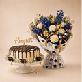 Graduate Celebration Set - ivory and blue rose bouquet with graduation cap accents and a chocolate drip cake, clean beige background