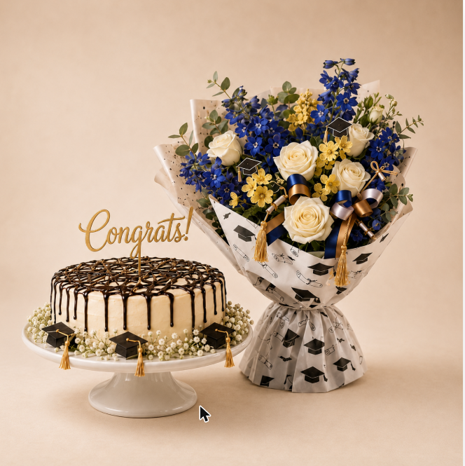 Graduate Celebration Set - ivory and blue rose bouquet with graduation cap accents and a chocolate drip cake, clean beige background