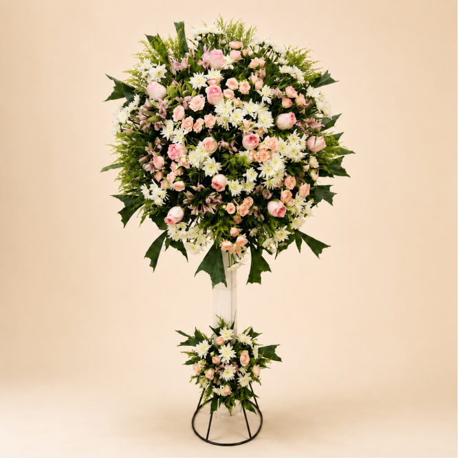 Grand Blush Stand - blush pink floral arrangement on elegant stand, clean beige background
