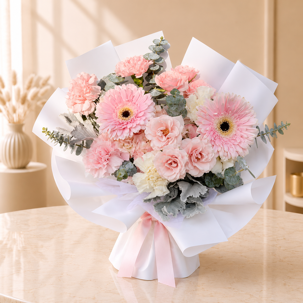 Gerbera Sonata - pink gerbera daisy and rose bouquet