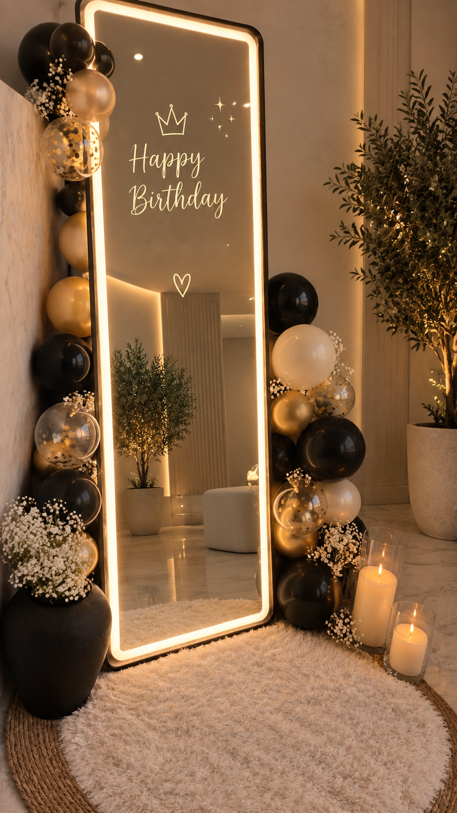 Golden Glow Birthday Mirror - LED mirror with black and gold balloon garland, rental decoration