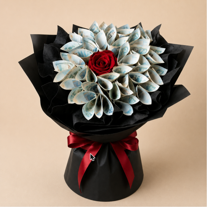 Prosperity Rose Bouquet - money-petal bouquet with red rose on clean beige background