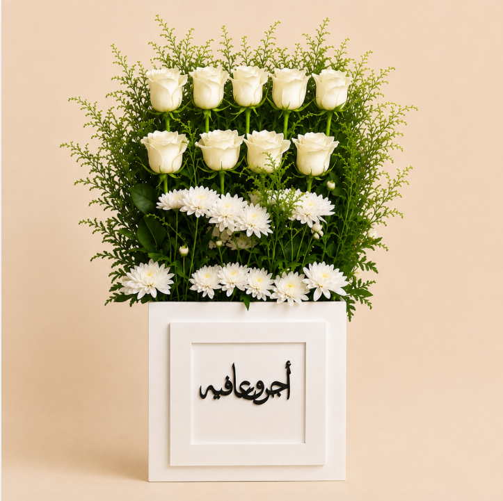 Pure Elegance Arrangement - white roses and chrysanthemums in white box with Arabic recovery-wishes plaque on clean beige background