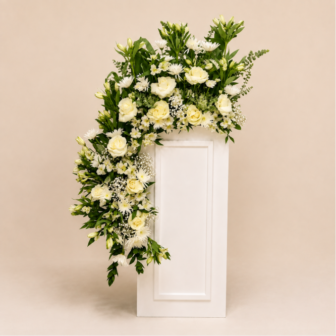 Pure Elegance Stand - ivory rose, white chrysanthemum, and alstroemeria standing arrangement on clean beige background