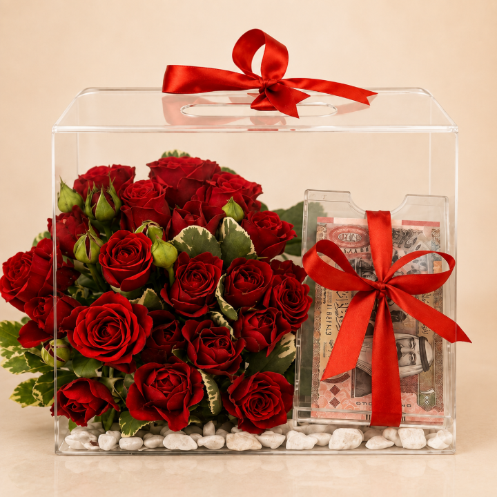 Rose Gift Box - Red roses in a clear acrylic box with a red satin bow and money gift compartment, clean beige background