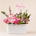 Sweet Charm Basket — pink roses, carnations and alstroemeria in a white basket with pink bow, Velvety Flowers